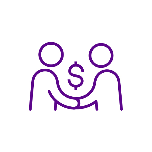 Pictogram of two people sign hands with money sign above