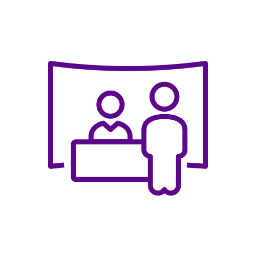 Pictogram of someone behind a desk and someone in font of it