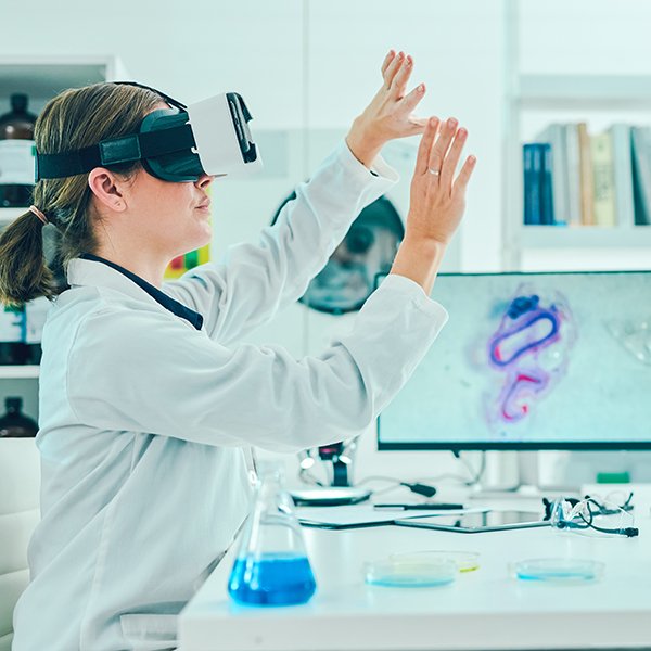 Scientist using a virtual reality headset while conducting research in a laboratory